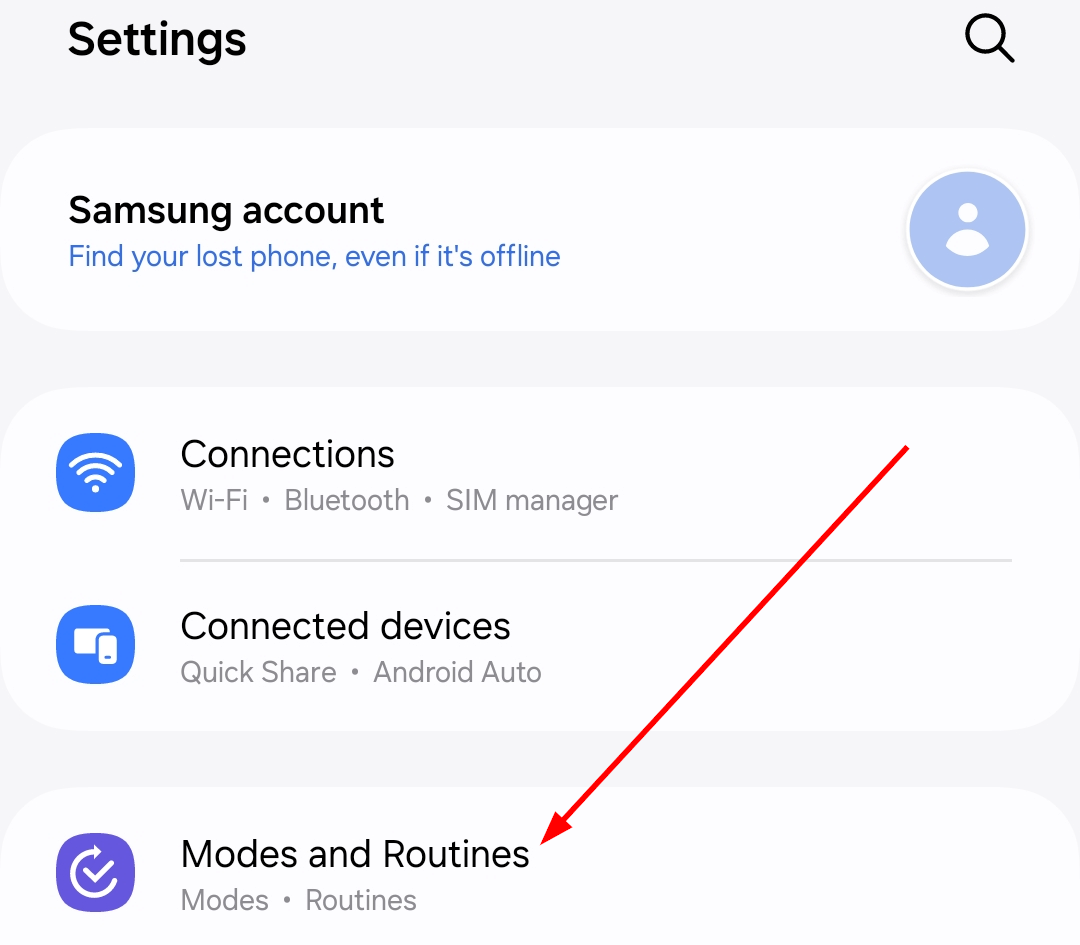 The 'Mode and Routines' option in Samsung Settings.