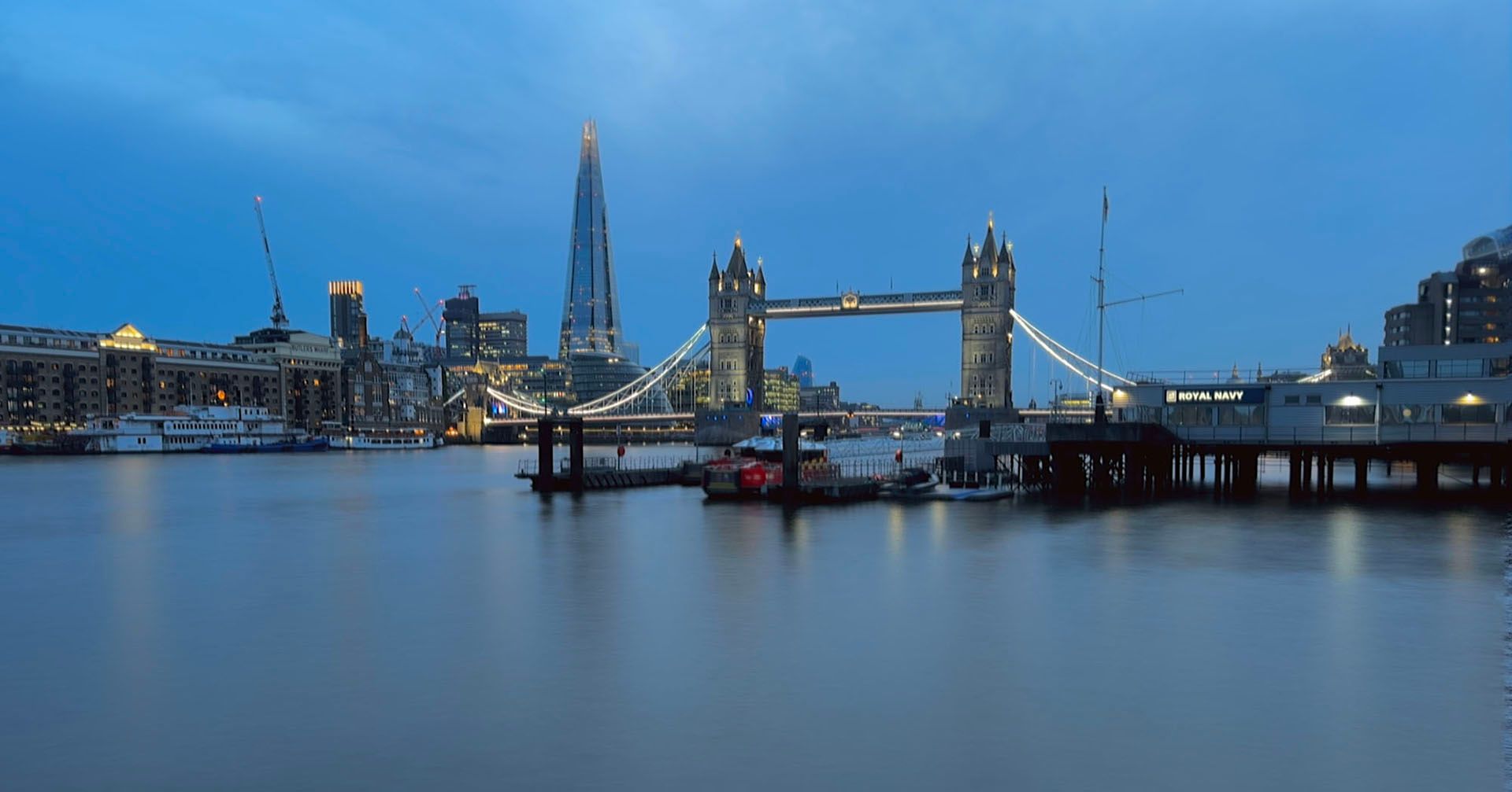 Tower Bridge in the blue hour, before any adjustment.