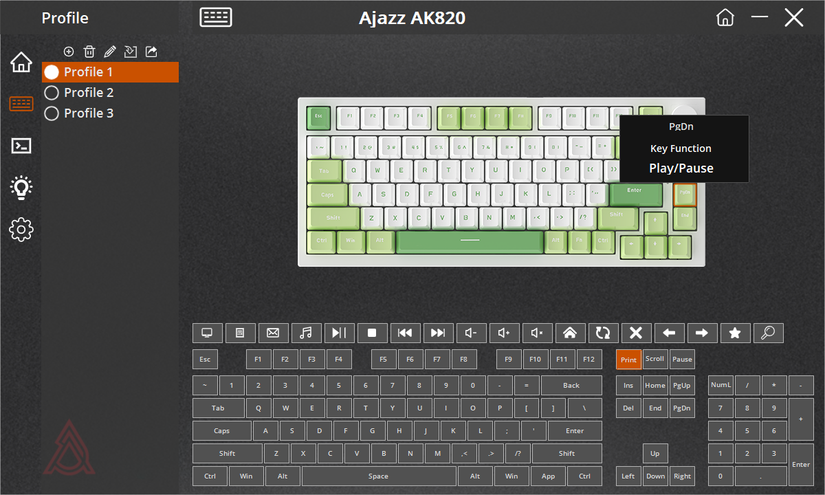 El software de teclado para el AJAZZ AK820 que muestra la tecla PGDN que se usa como Play/Pause.
