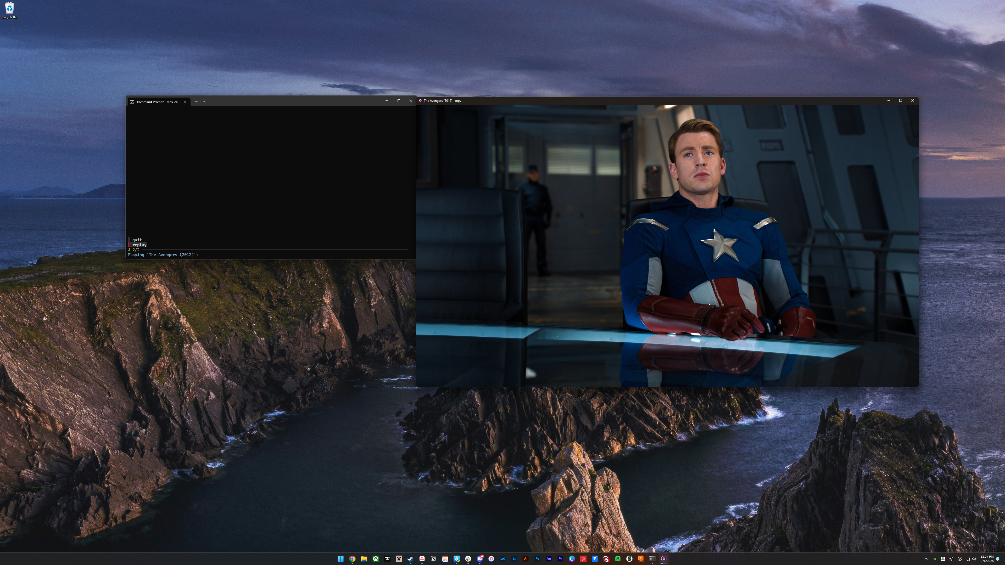 mov-cli-jellyplex Windows Command Prompt plugin playing The Avengers movie from a Plex server.