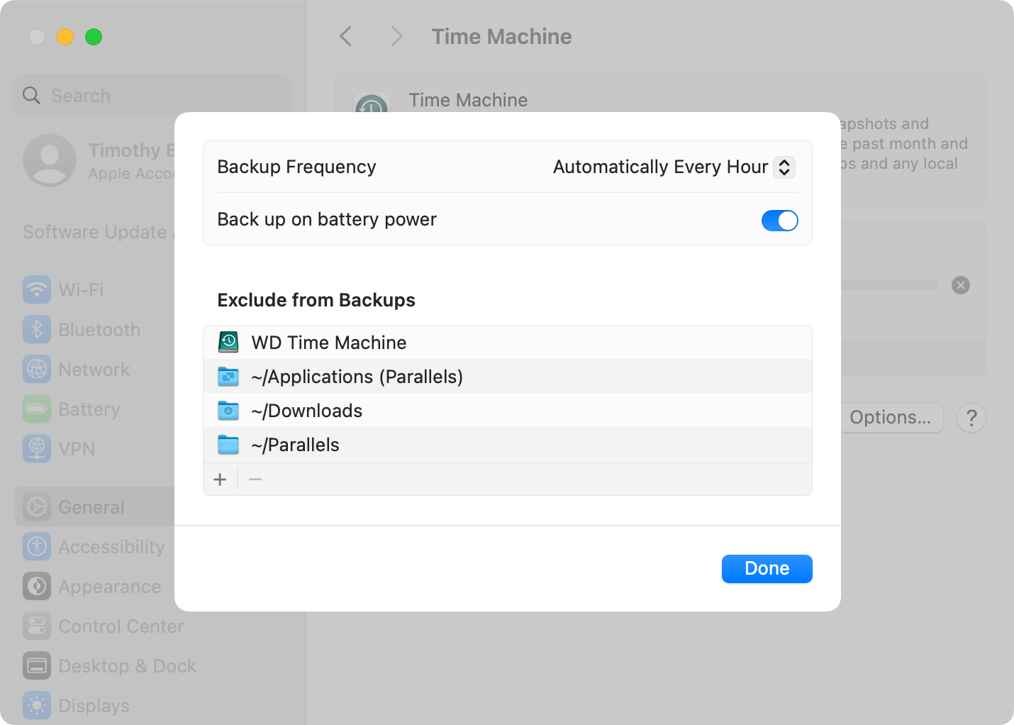 macOS Time Machine options.