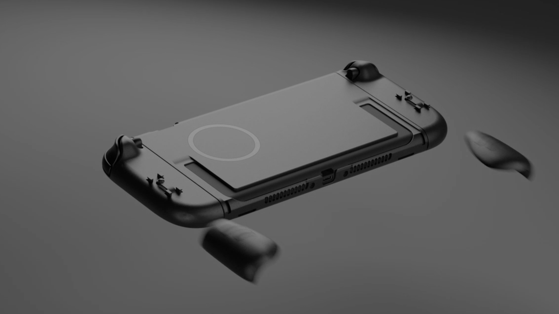 Genki mockup of the back of the Switch 2 with a case with grips being removed.