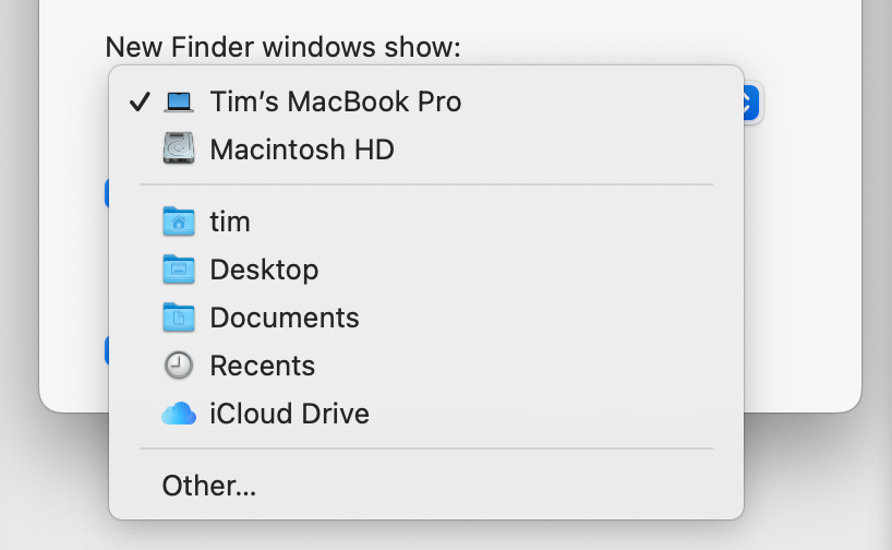 Default location for new Finder windows in macOS.