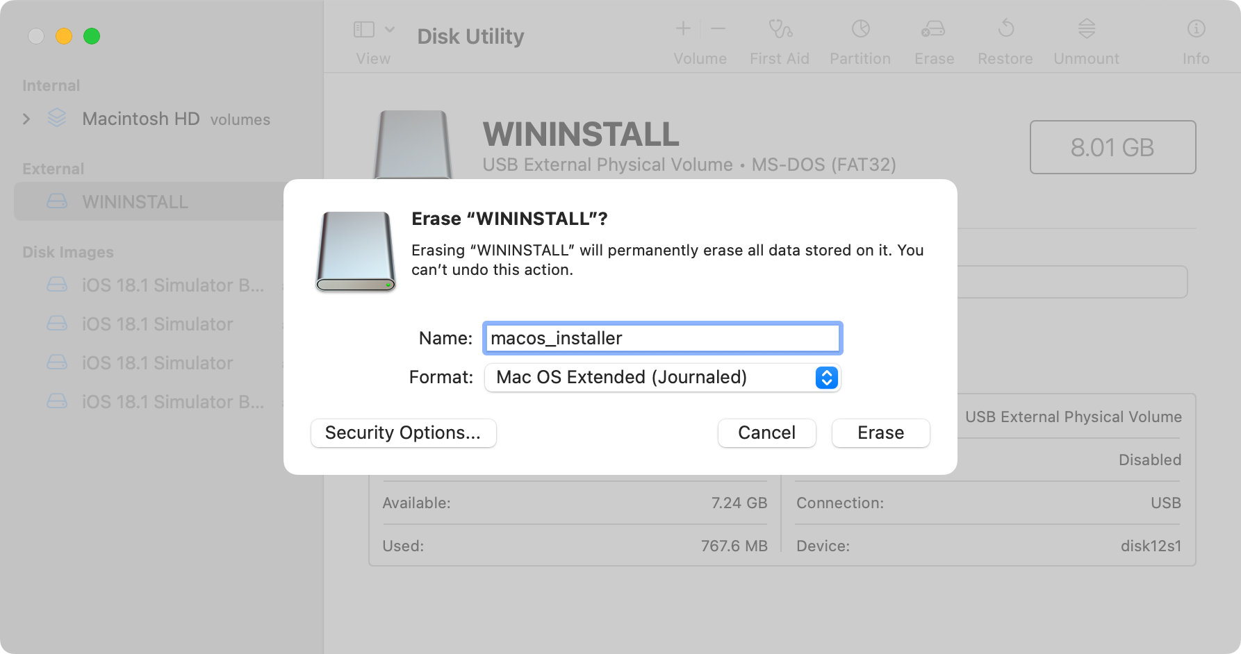 Creating a macOS install USB in Disk Utility.