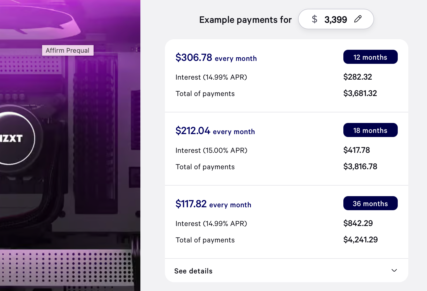 Financing an NZXT Player Three Prime PC.