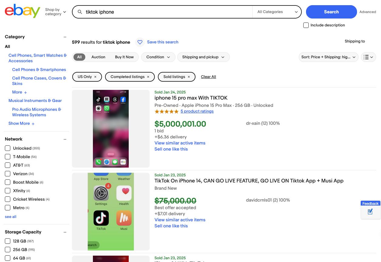 eBay screenshot with iPhones listed for $5 million and $75,000.