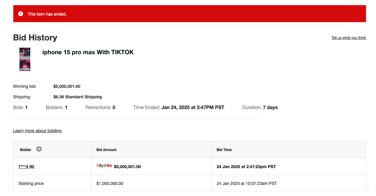 Bid history for an iPhone with TikTok sold for $5,000,001.