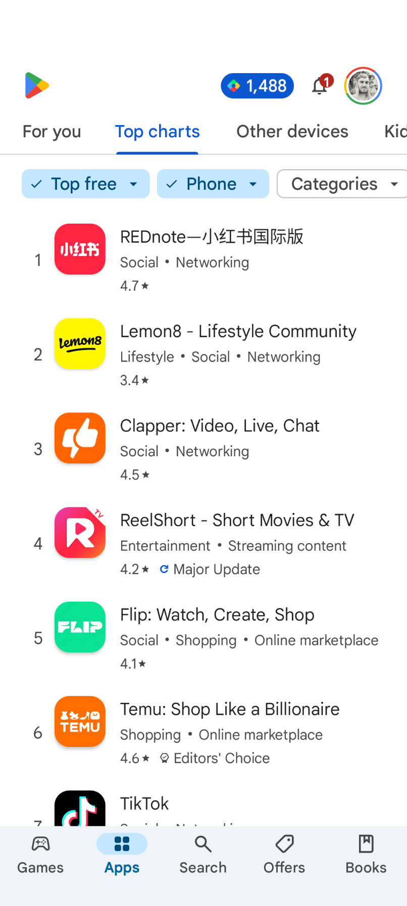 Play Store top free charts