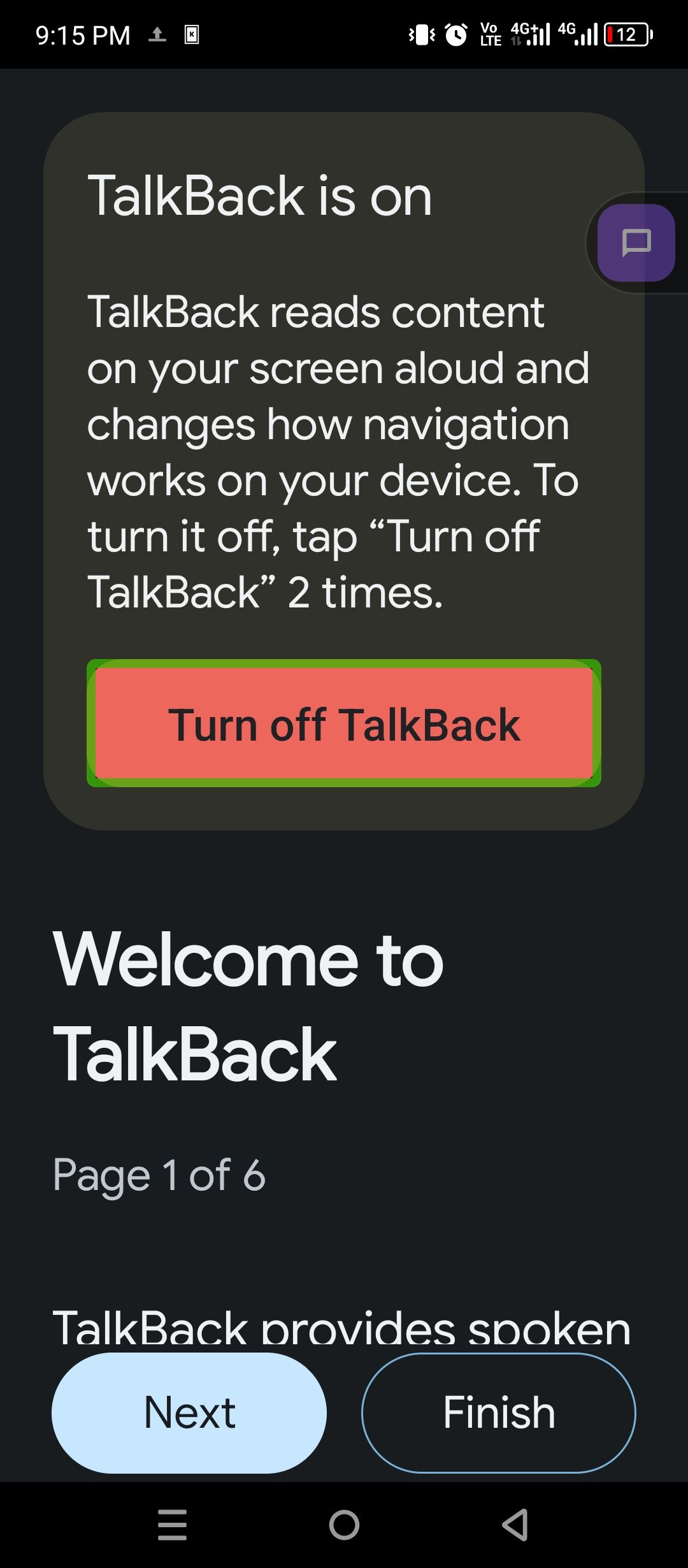 Launching the Talkback welcome screen.