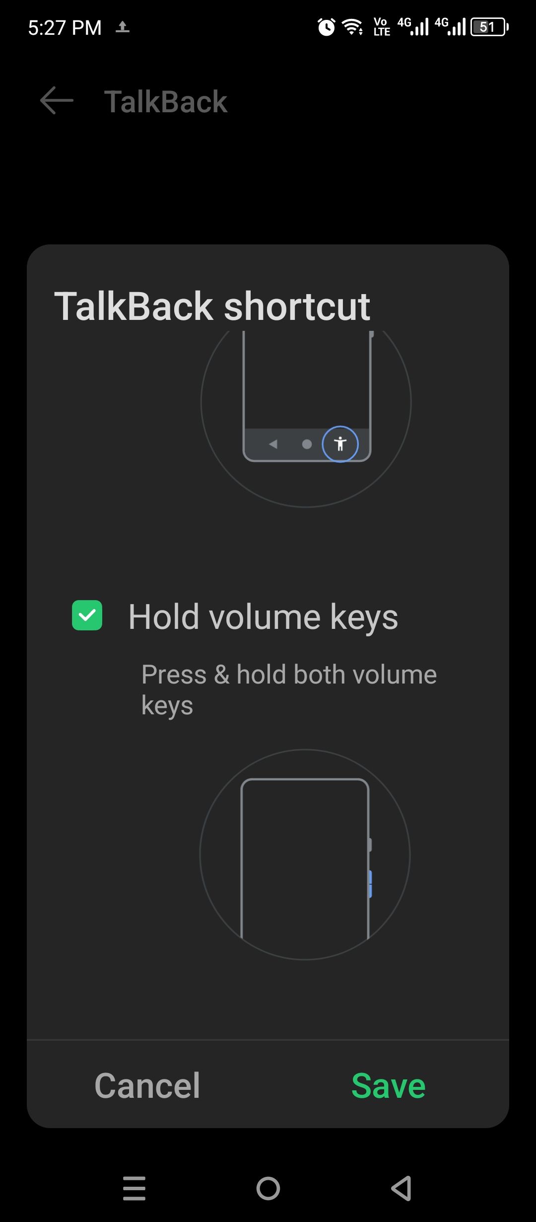 Choosing the volume keys as the shortcut for Talkback.