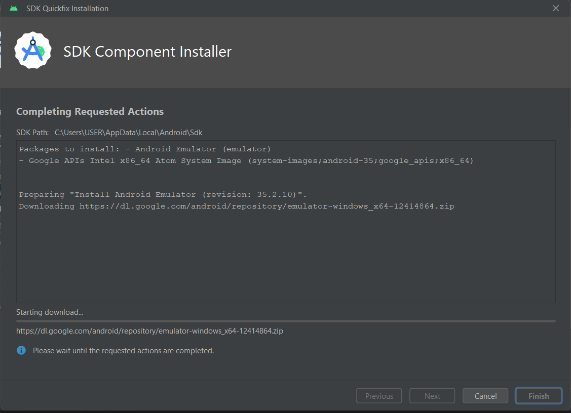 The SDK Component Installer downloads the necessary SDK dependencies in Android Studio.