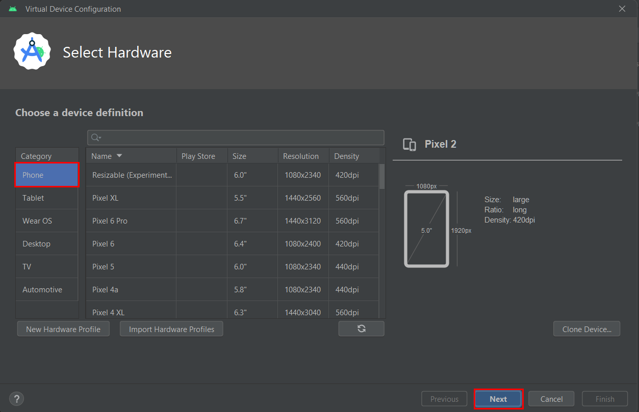 The Select Hardware section in the Virtual Device Configuration window.