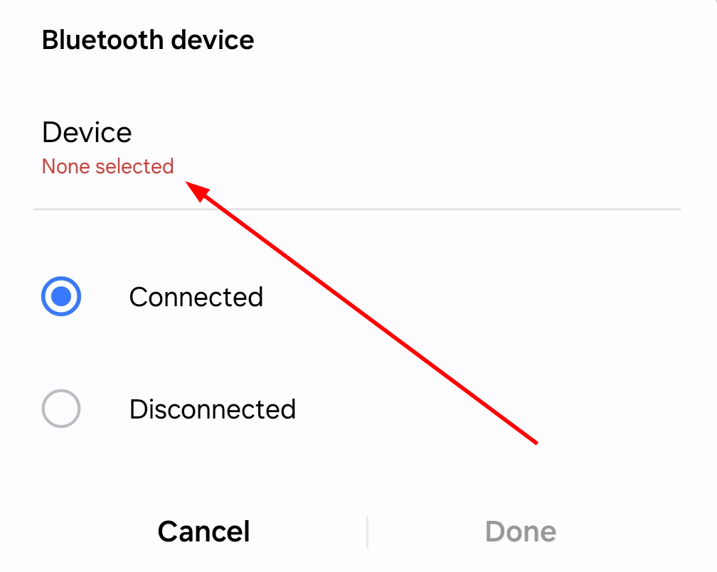 Pop-up menu to select a bluetooth device.