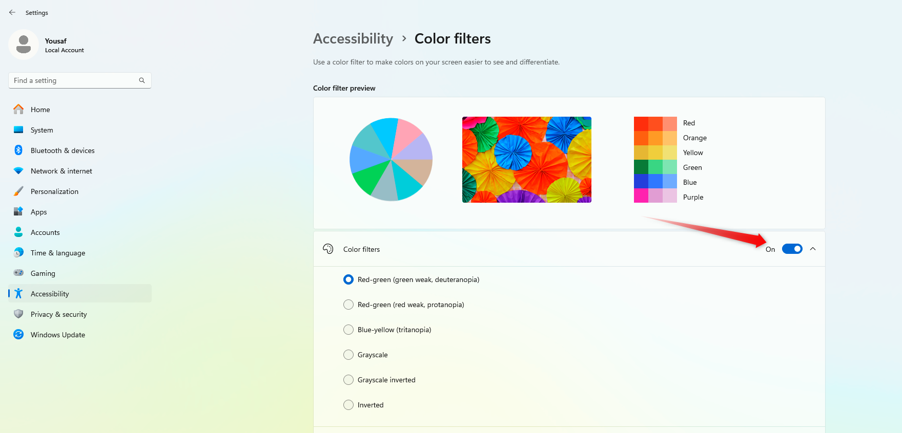 Enabling color filters and using a preferred filter in Windows.