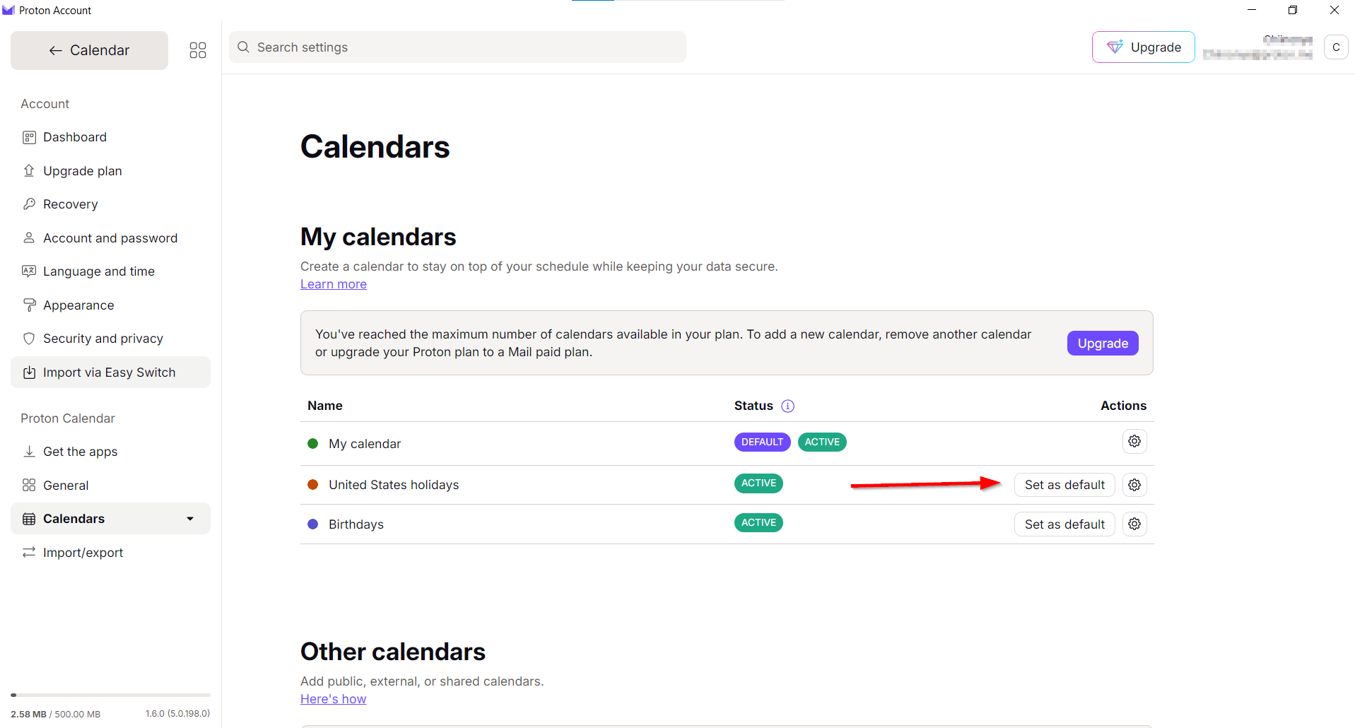 The "Set as default" option in Proton Calendar.