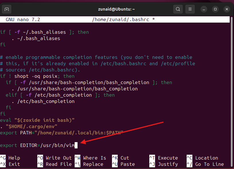 Setting the EDITOR environment variable in the bashrc file.