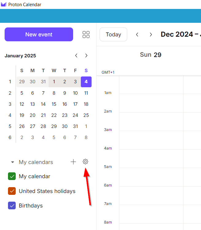 The Calendar tab in the Proton Calendar app.