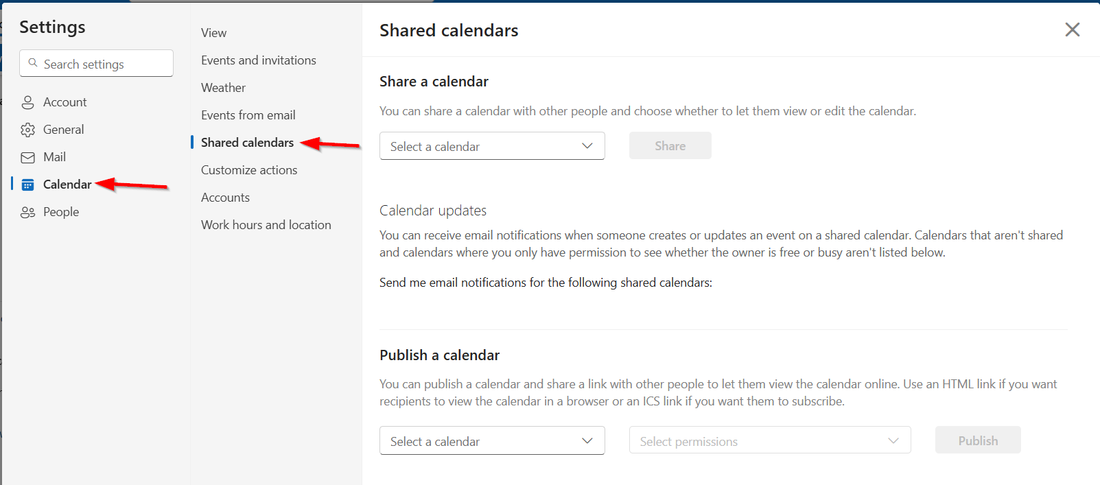 The "Shared calendars" option in the Calendar section menu.