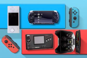 Some hybrid consoles that came before the Nintendo Switch, placed side by side with two Joy-Cons.