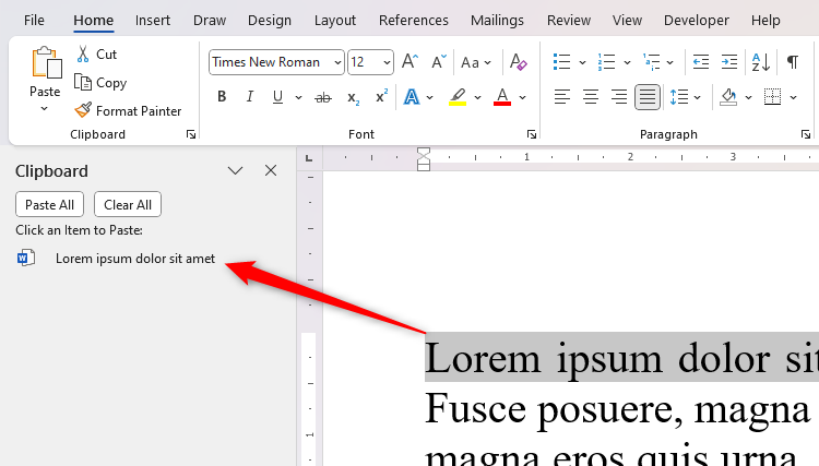 Some text in Microsoft Word is selected and copied into the clipboard pane.