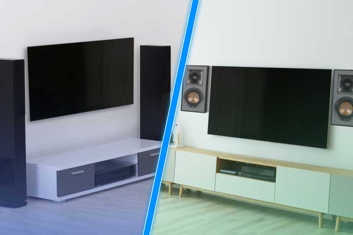 Split screen with a TV using an on-wall speaker on the left and a TV with in-wall speakers on the right.