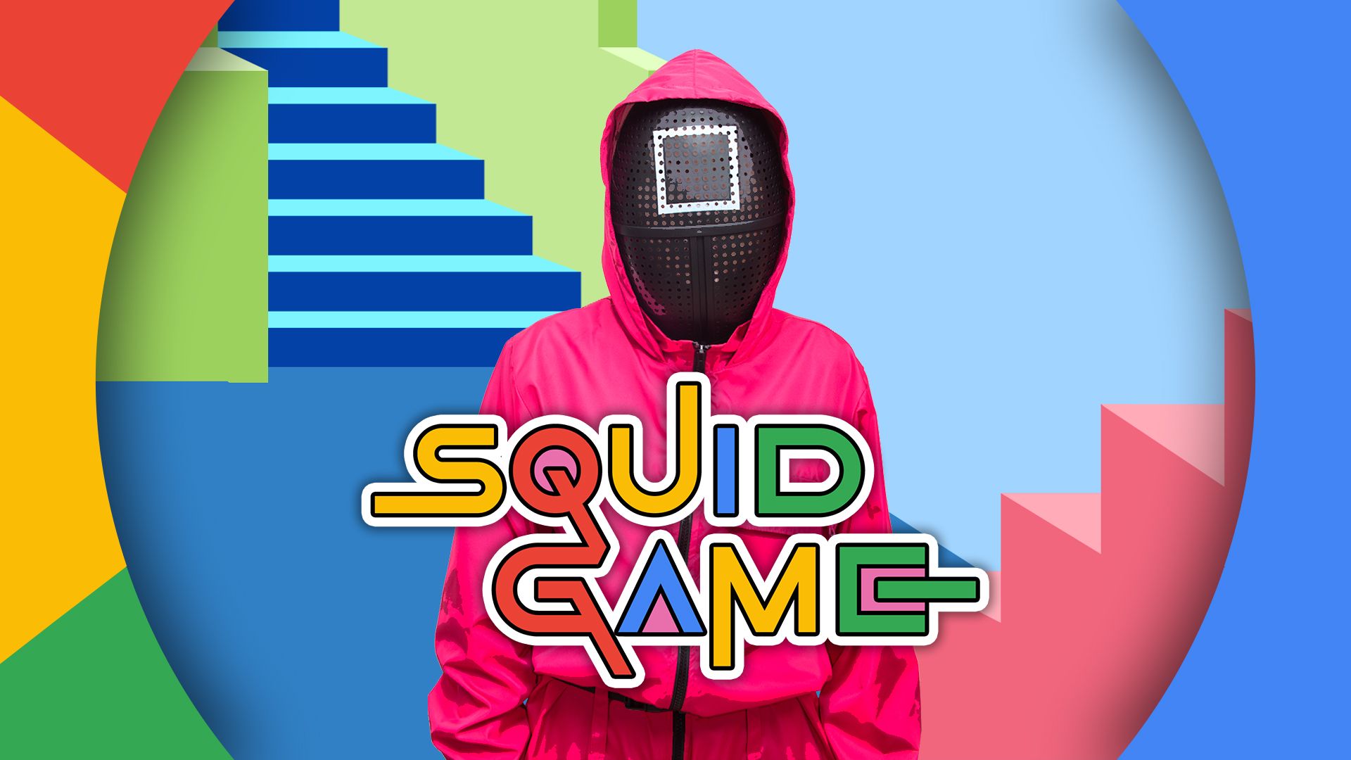 Squid Game character with some stairs in the background and 'Squid Game' written in the center with Google's colors.