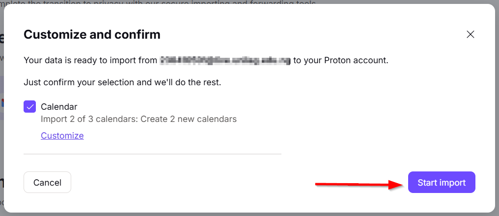 The "Start Import" button in Customize and confirm.
