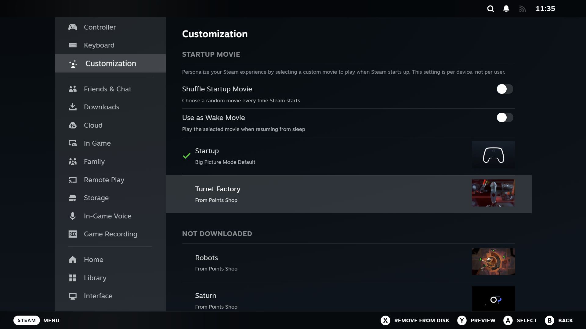 Steam Customization settings with startup movie highlighted.