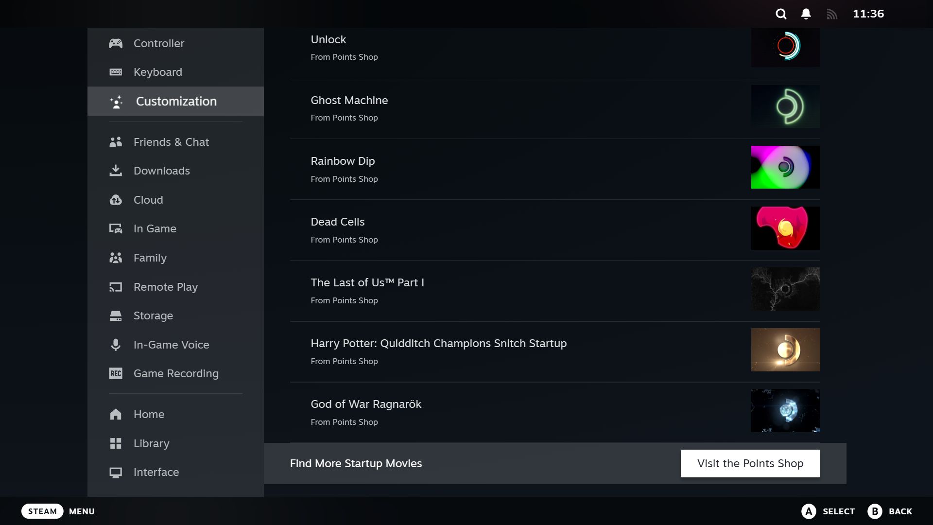 Steam Customization settings with Visit the Points Shop highlighted.