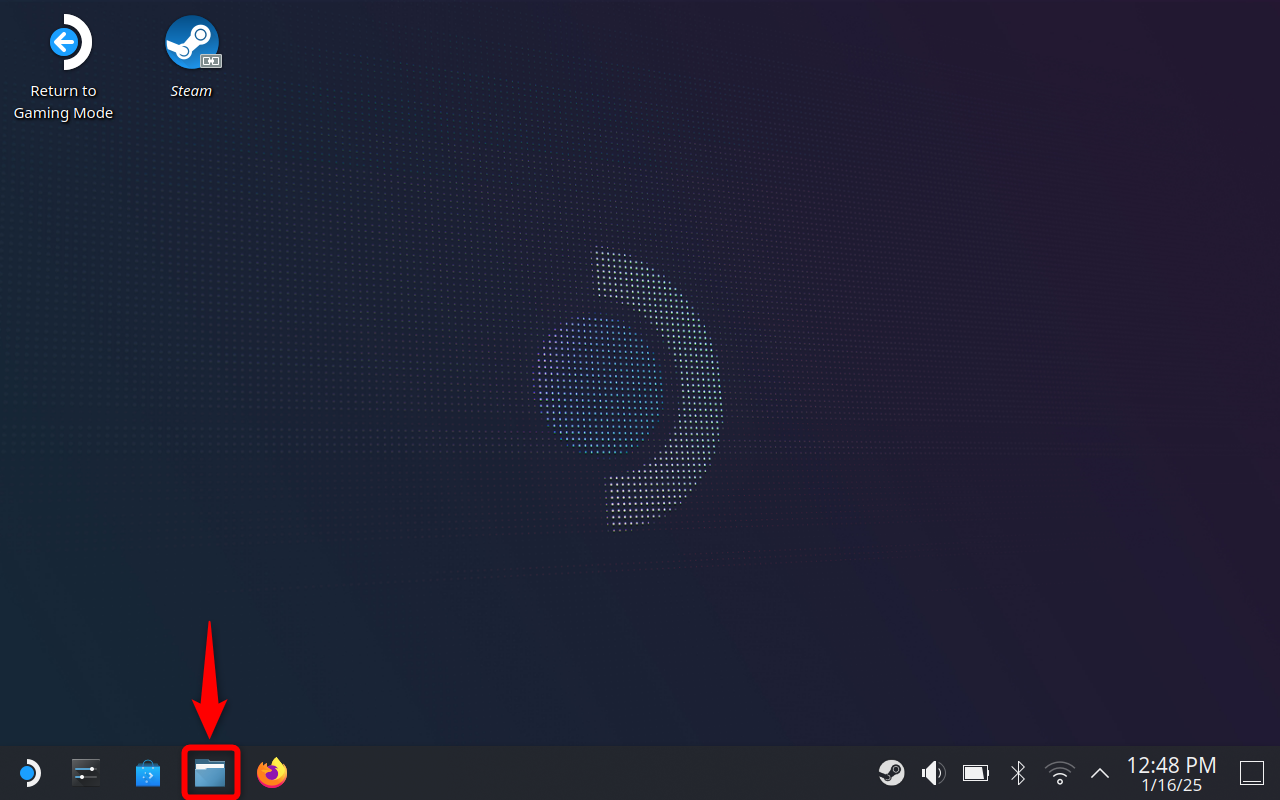 Steam Deck desktop mode with File Manager highlighted.
