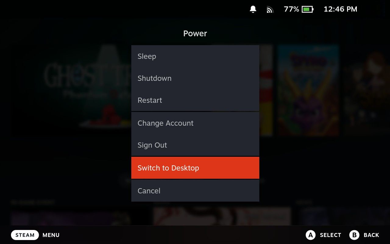 Steam Deck power menu.