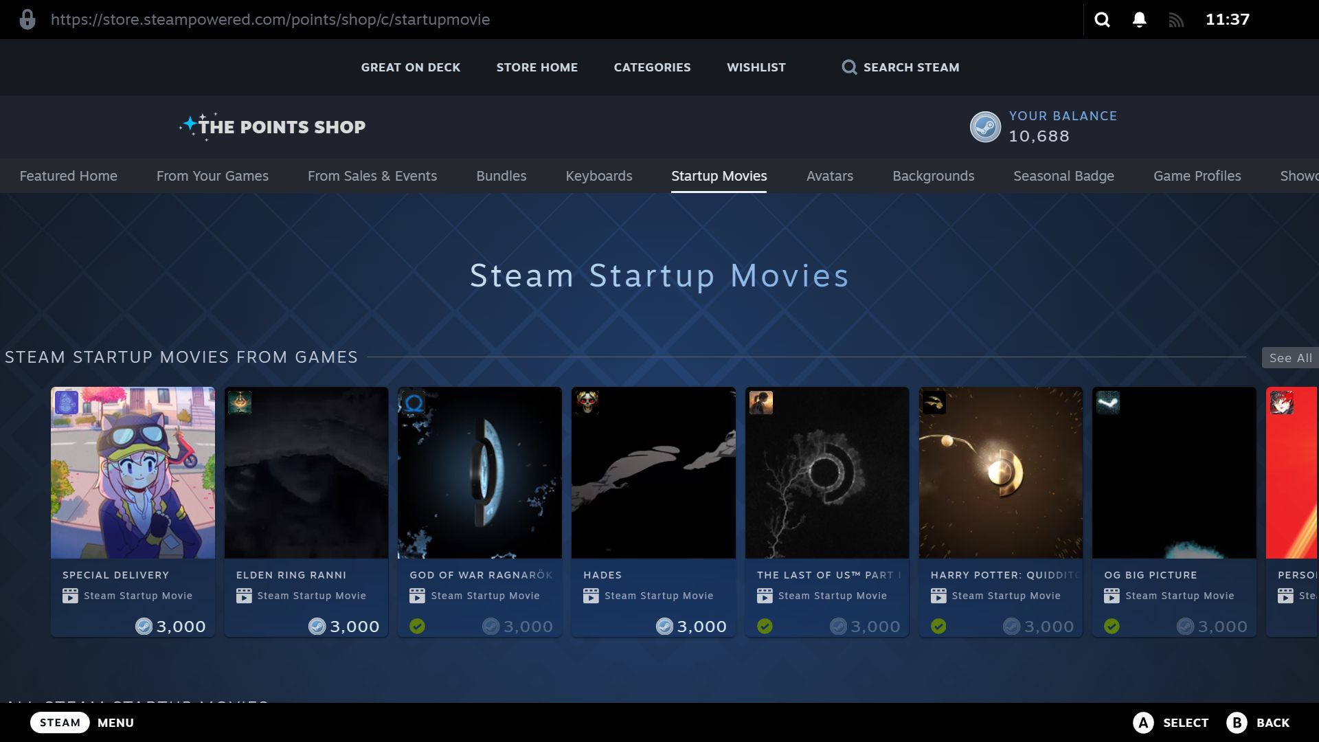 Steam startup movies in the Points Shop.