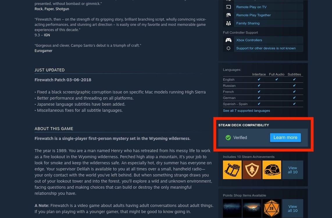 The page for Firewatch on the Steam store with a red box around the Steam Deck compatibility rating on the right side of the screen.