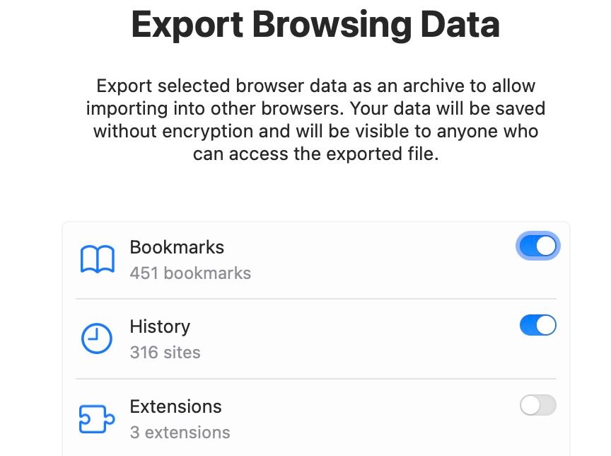 Toggling off data to exclude from Safari export on a Mac.