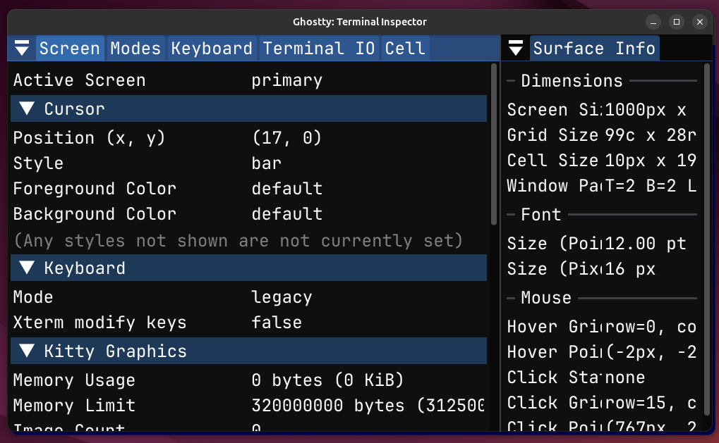 Terminal Inspector window displayed on Ghostty terminal.