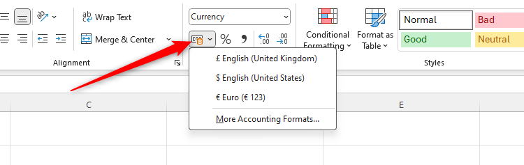 The Accounting icon in the Number group of the Home tab on Excel's ribbon.