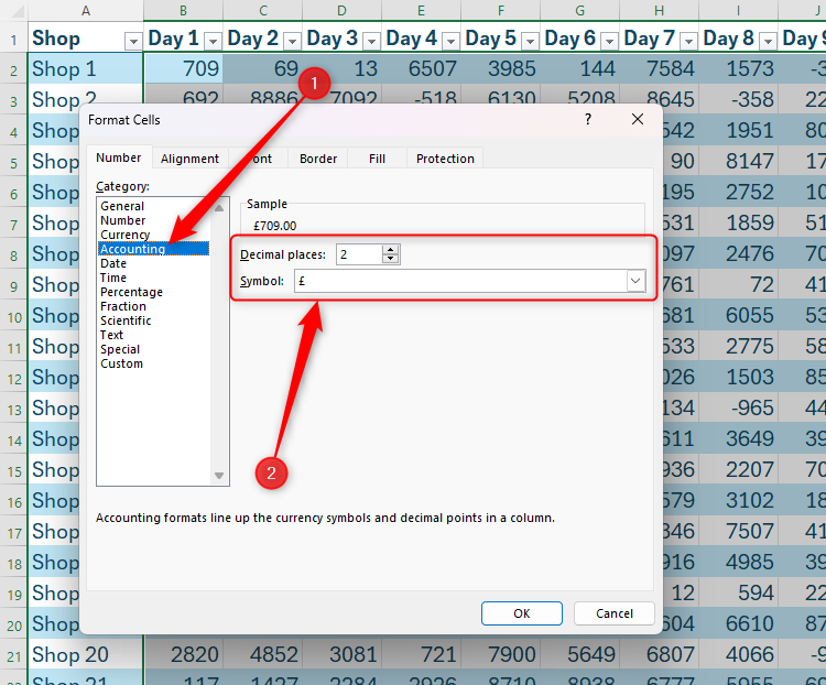 The Accounting number format in Excel's Format Cell dialog box, with the different options for this number format highlighted.