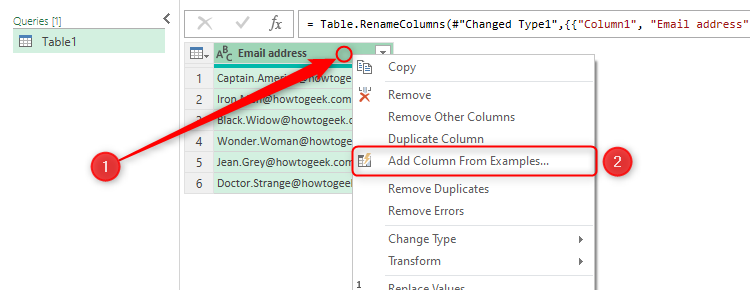 The Add Column From Examples option in Excel's Power Query Editor.