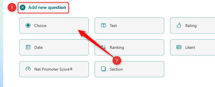 The Add New Question button in Microsoft Forms, with the Choice option selected.