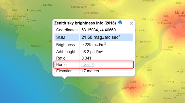 The Bortle class score on lightpollutionmap.info for a location in North Wales is displayed.