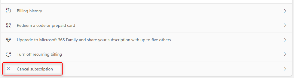 The Cancel Subscription button on the Microsoft 365 subscription account management page.