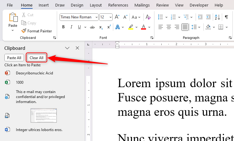 The Clear All button at the top of the Microsoft Word clipboard pane.