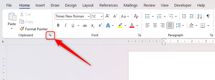 The clipboard pane launcher icon in the Clipboard group of the Home tab on the ribbon in Microsoft Word.