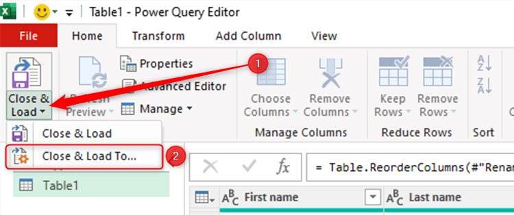 The Close And Load To option in the Close And Load drop-down menu of the Excel Power Query Editor.