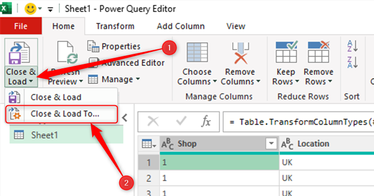 The Close And Load To option in the Close And Load drop-down menu of the Power Query Editor.