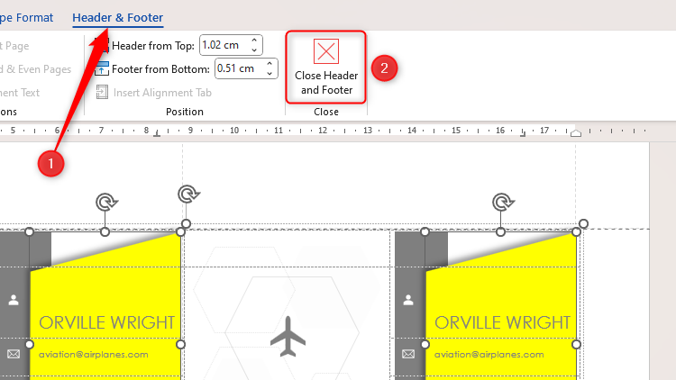 The Close Header And Footer icon in the Header And Footer tab on the Microsoft Word ribbon.