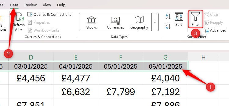 The column headers in the first row of an unformatted Excel table is selected, and the Filter icon in the Data tab is highlighted.