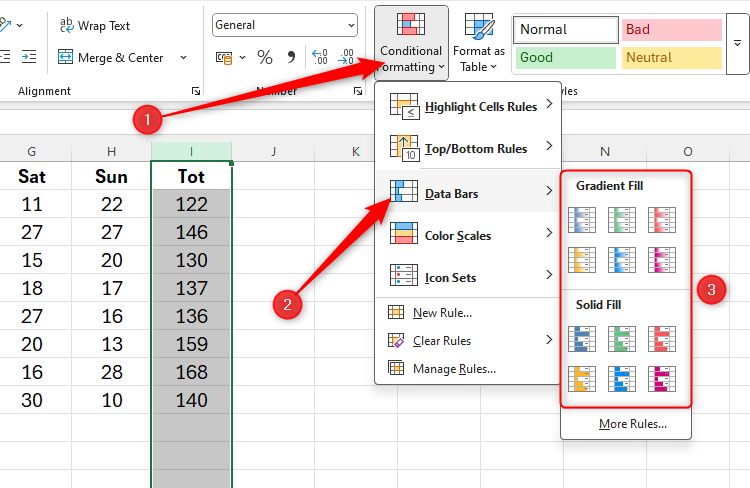 The Conditional Formatting drop-down menu in Excel, with Data Bars selected and the different color fill options available.