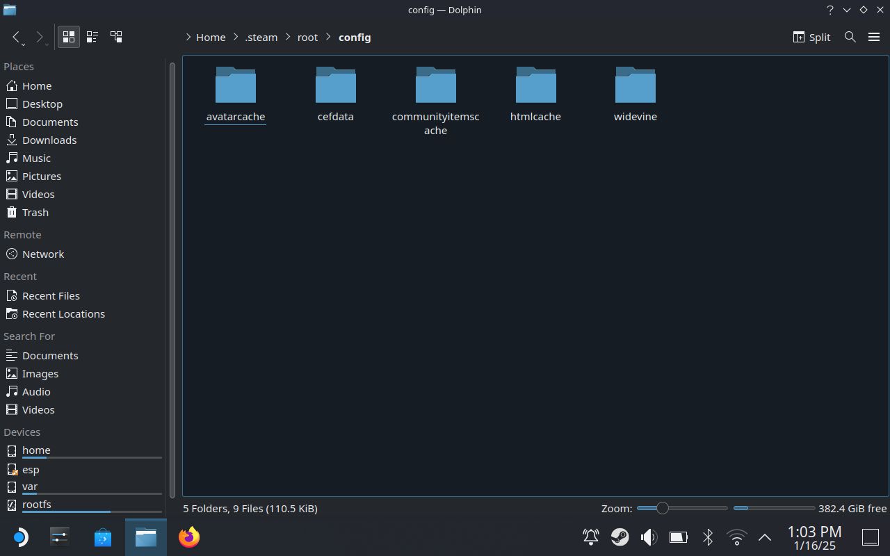 The config folder on the Steam Deck desktop mode File Manager