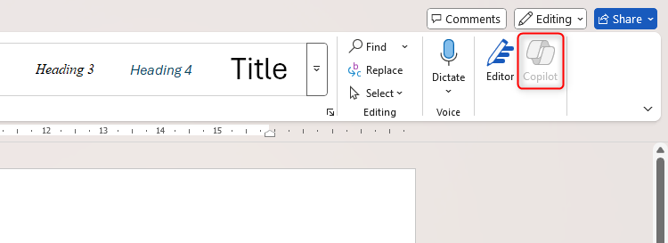 The Copilot icon grayed out in Microsoft Word.